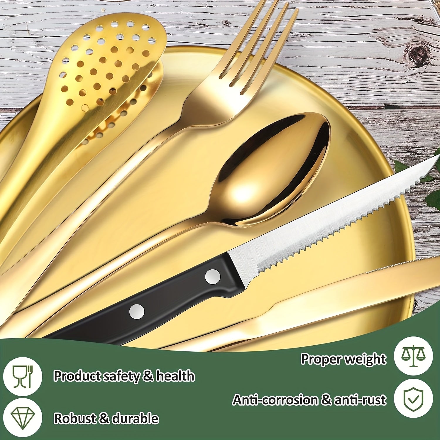 [Personalized Camping Set] Stainless Steel Personalized Camping Silverware Set | Knives, Forks, Spoons, Plates, Cutlery Storage Bags, Picnic Set, Plate Spoon Clip & Serrated Knife Bottle Opener - Golden and Silvery, Perfect for Thanksgiving