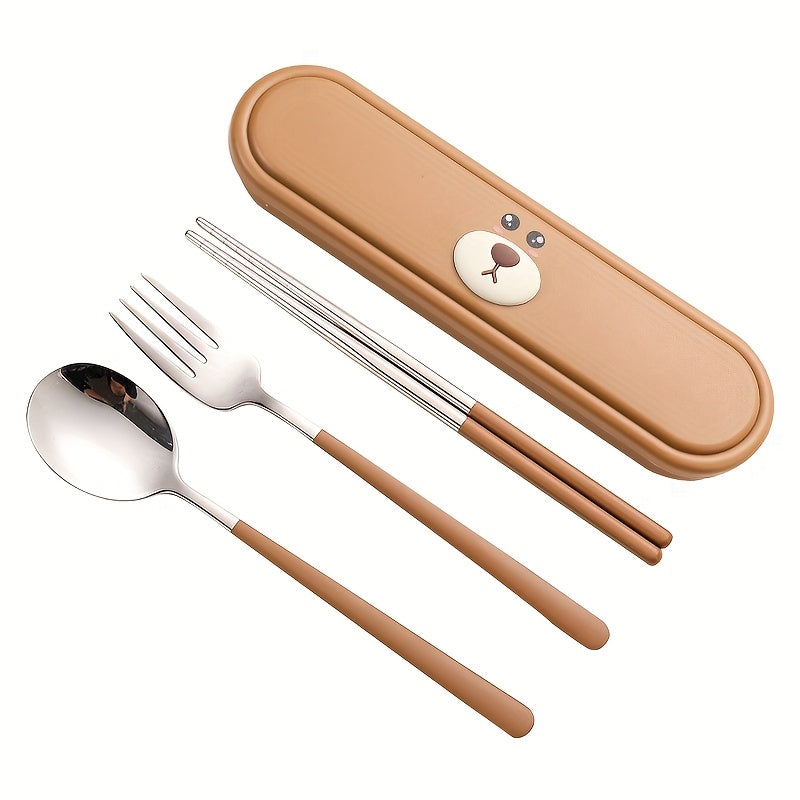 Portable Cutlery Set with Box, 2pcs Set and 3pcs Set Stainless Steel Reusable Tableware, with Fork, Spoon and Chopsticks Lunch Box, Cute Cartoon Pig, Little Duck, Bear Style Storage Box, Suitable for Lunch, Camping, School, Picnic, Workplace and Travel