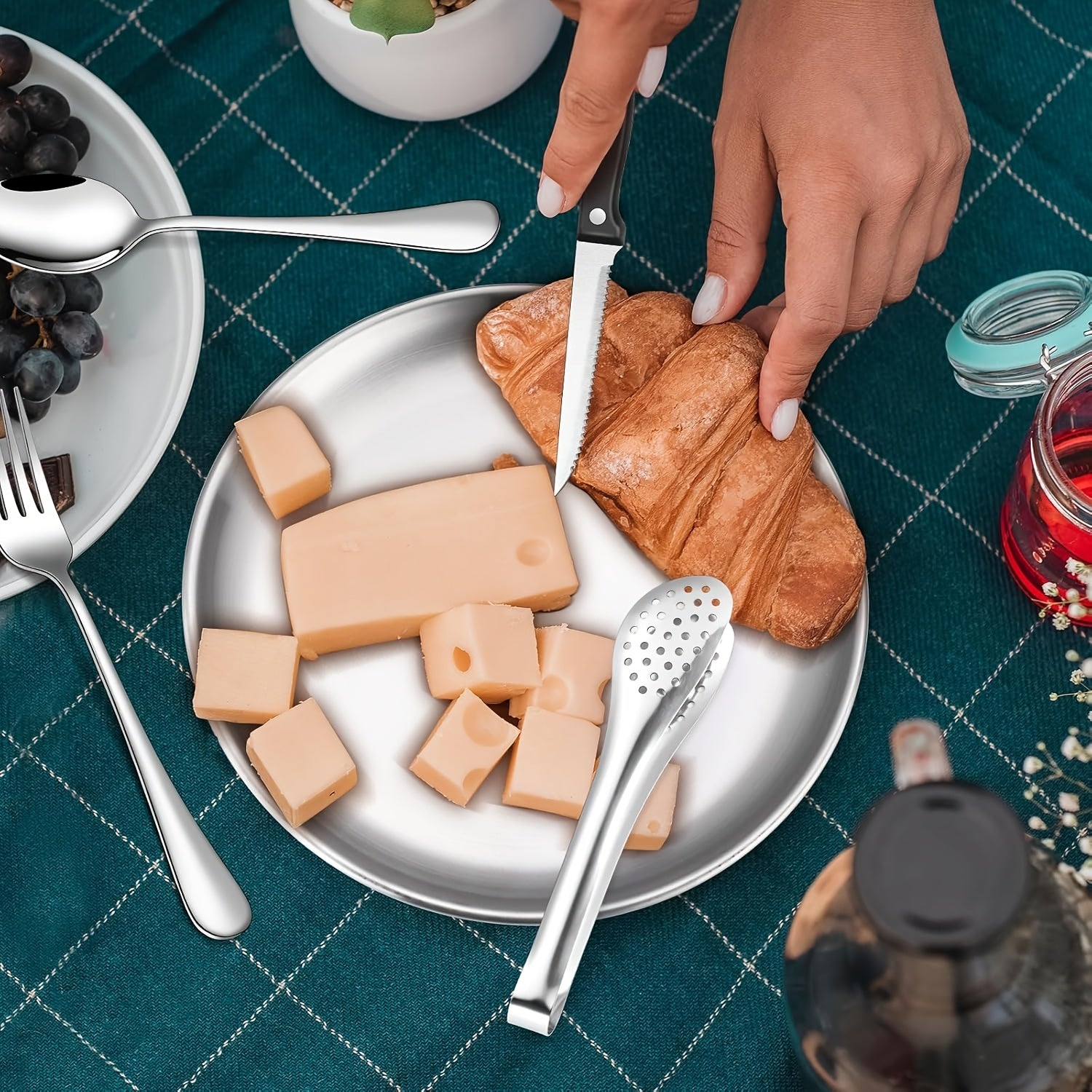[Personalized Camping Set] Stainless Steel Personalized Camping Silverware Set | Knives, Forks, Spoons, Plates, Cutlery Storage Bags, Picnic Set, Plate Spoon Clip & Serrated Knife Bottle Opener - Golden and Silvery, Perfect for Thanksgiving