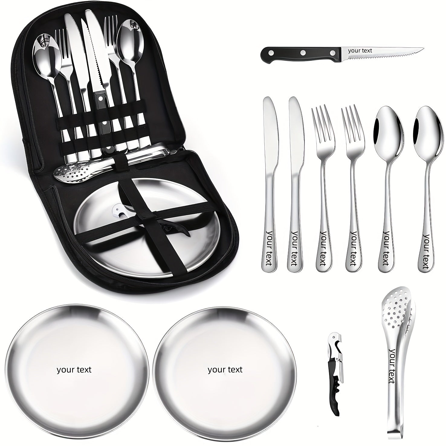 [Personalized Camping Set] Stainless Steel Personalized Camping Silverware Set | Knives, Forks, Spoons, Plates, Cutlery Storage Bags, Picnic Set, Plate Spoon Clip & Serrated Knife Bottle Opener - Golden and Silvery, Perfect for Thanksgiving