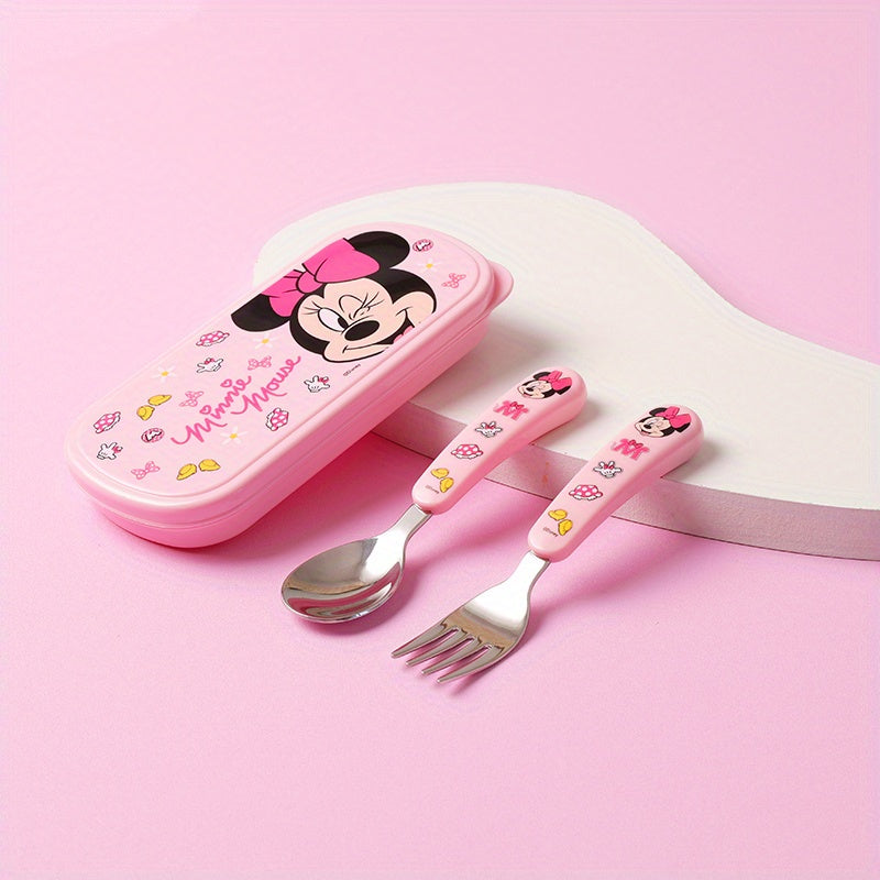 [Stainless Steel Fork Spoon Set] 2pcs Stainless Steel Cartoon Character Fork and Spoon Set - Reusable Kawaii Tableware - with Case - No Battery Needed - Featherless - Ideal for Home - School - Camping - Party Supplies