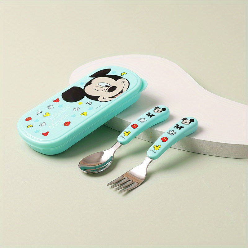 [Stainless Steel Fork Spoon Set] 2pcs Stainless Steel Cartoon Character Fork and Spoon Set - Reusable Kawaii Tableware - with Case - No Battery Needed - Featherless - Ideal for Home - School - Camping - Party Supplies