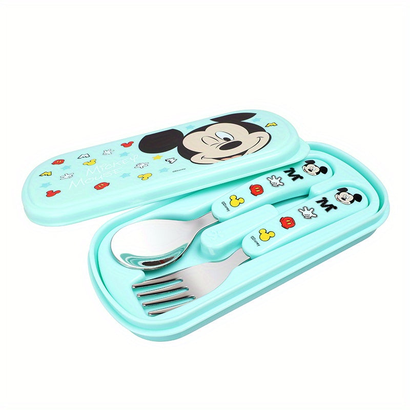 [Stainless Steel Fork Spoon Set] 2pcs Stainless Steel Cartoon Character Fork and Spoon Set - Reusable Kawaii Tableware - with Case - No Battery Needed - Featherless - Ideal for Home - School - Camping - Party Supplies