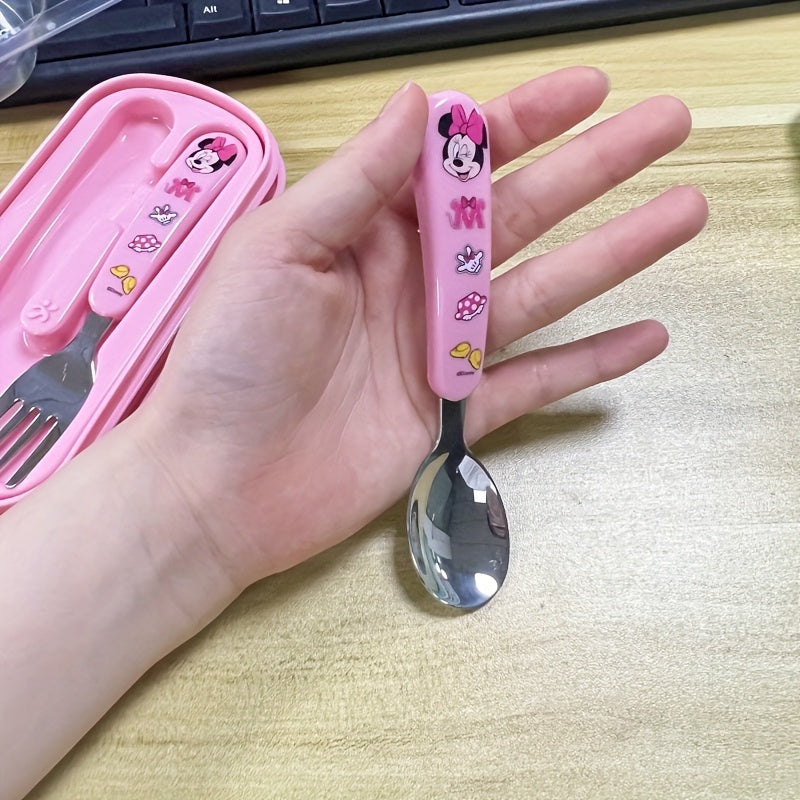 [Stainless Steel Fork Spoon Set] 2pcs Stainless Steel Cartoon Character Fork and Spoon Set - Reusable Kawaii Tableware - with Case - No Battery Needed - Featherless - Ideal for Home - School - Camping - Party Supplies