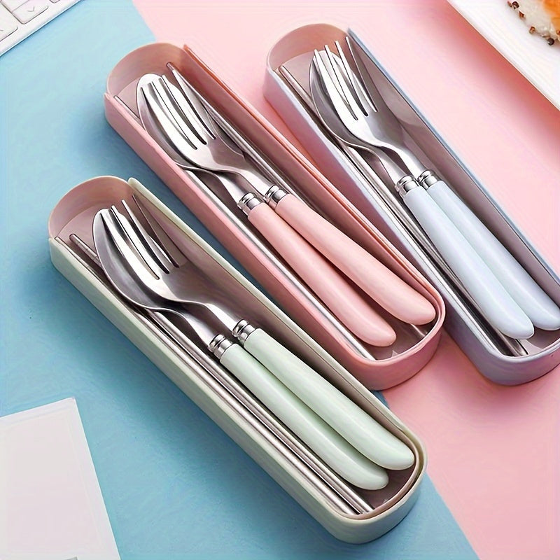 1 Set Stainless Steel Cutlery Set with Chopsticks, Forks, Spoons - Heavy-Duty 304 Stainless Steel, Polished Glossy Surface, Pastel Pink/White/Blue/Green/Beige, Compact Portable Tableware with Storage Case for Camping, Picnic, Travel, Everyday Use - Ideal