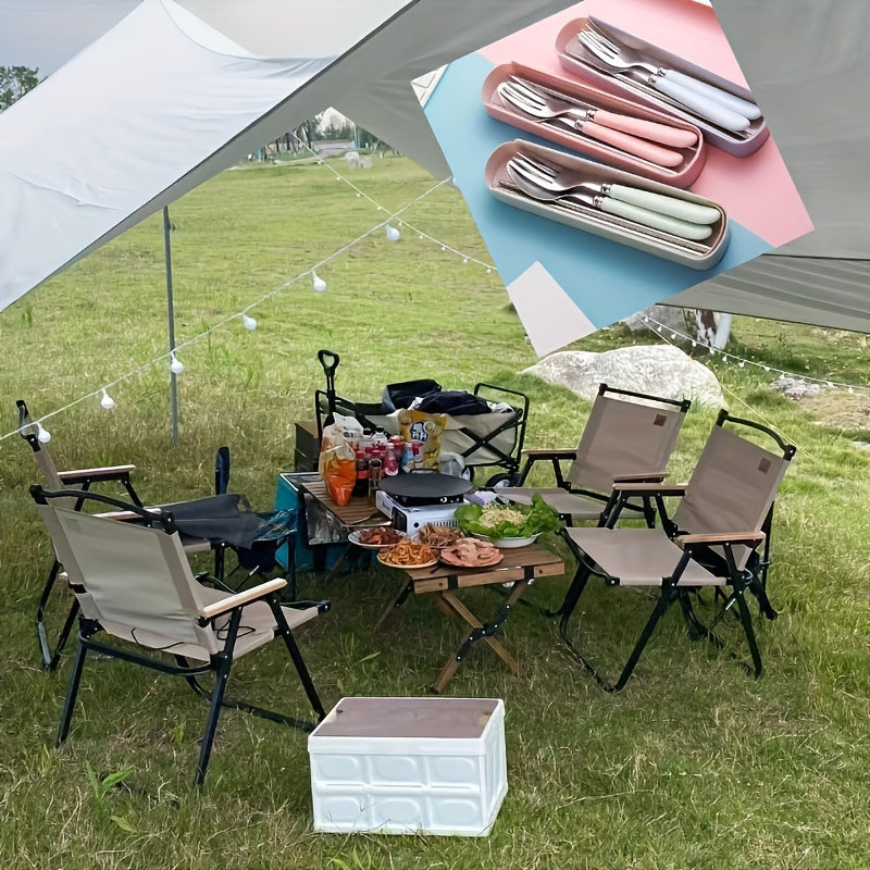 1 Set Stainless Steel Cutlery Set with Chopsticks, Forks, Spoons - Heavy-Duty 304 Stainless Steel, Polished Glossy Surface, Pastel Pink/White/Blue/Green/Beige, Compact Portable Tableware with Storage Case for Camping, Picnic, Travel, Everyday Use - Ideal