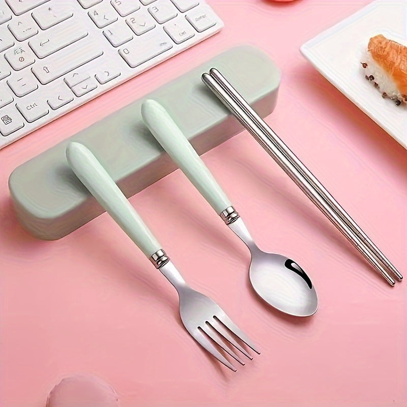 1 Set Stainless Steel Cutlery Set with Chopsticks, Forks, Spoons - Heavy-Duty 304 Stainless Steel, Polished Glossy Surface, Pastel Pink/White/Blue/Green/Beige, Compact Portable Tableware with Storage Case for Camping, Picnic, Travel, Everyday Use - Ideal