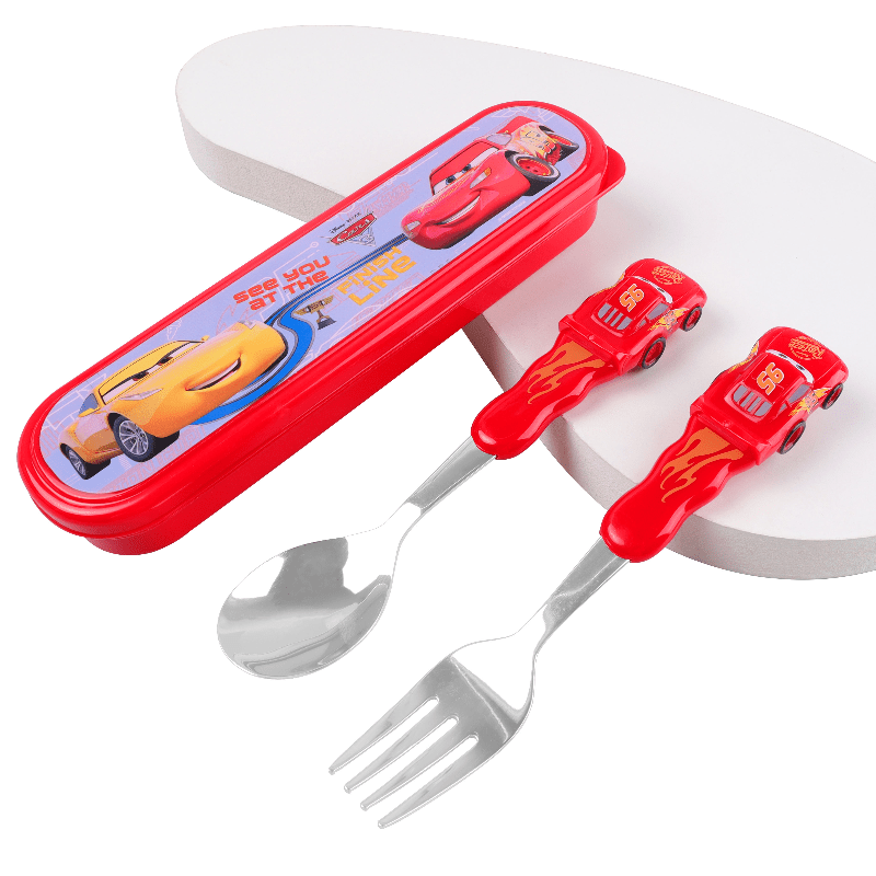 [Cute Cars Tableware Set] Lightning McQueen Cars Stainless Steel Fork and Spoon Set with Box | Cartoon Cute Portable Reusable Tableware - Kawaii Home, Outdoor, School Supplies, Camping Accessories, Christmas Birthday Gift