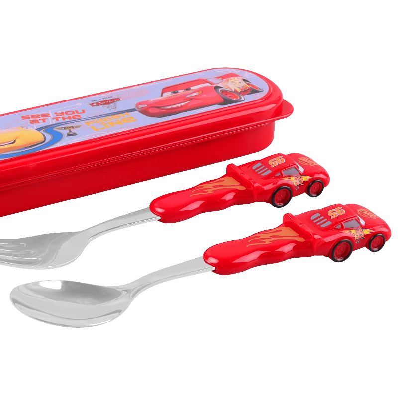 [Cute Cars Tableware Set] Lightning McQueen Cars Stainless Steel Fork and Spoon Set with Box | Cartoon Cute Portable Reusable Tableware - Kawaii Home, Outdoor, School Supplies, Camping Accessories, Christmas Birthday Gift