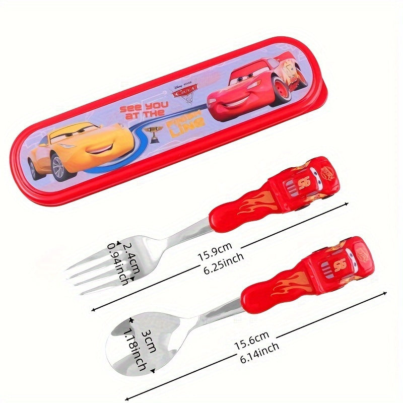 [Cute Cars Tableware Set] Lightning McQueen Cars Stainless Steel Fork and Spoon Set with Box | Cartoon Cute Portable Reusable Tableware - Kawaii Home, Outdoor, School Supplies, Camping Accessories, Christmas Birthday Gift