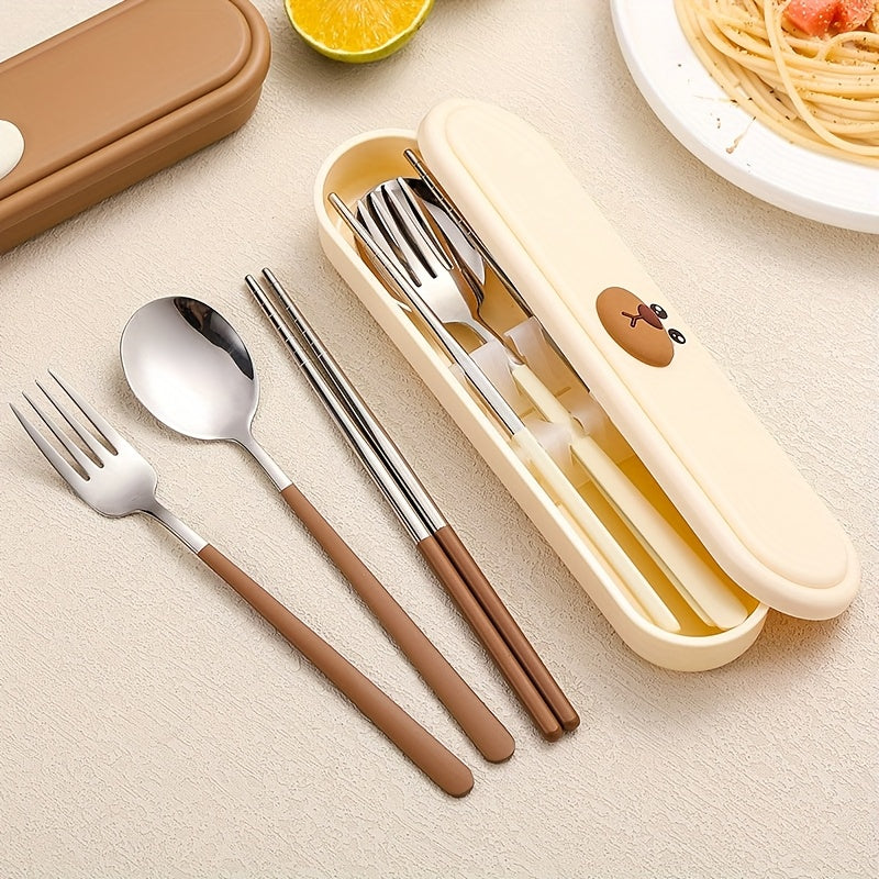 Portable Cutlery Set with Box, 2pcs Set and 3pcs Set Stainless Steel Reusable Tableware, with Fork, Spoon and Chopsticks Lunch Box, Cute Cartoon Pig, Little Duck, Bear Style Storage Box, Suitable for Lunch, Camping, School, Picnic, Workplace and Travel