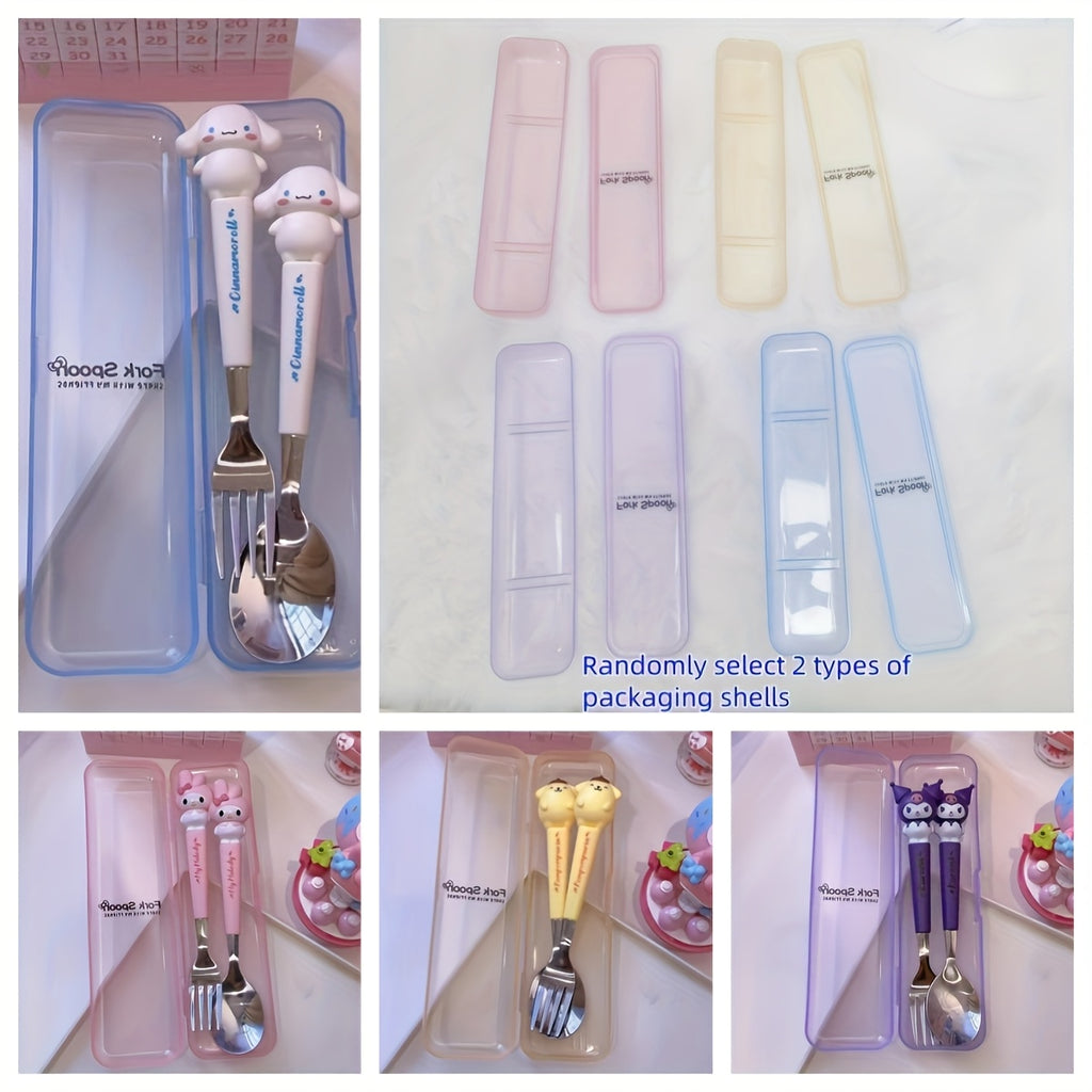 "SANRIO" 2pcs Stainless Steel Portable Cutlery Set, Cute Cartoon Cutlery Spoon And Fork, Outdoor Travel Spoon, Daily Office Or Home Essential Practical Items, Travel Portable, School Supplies, Student Prizes, Birthday Gifts, Easter