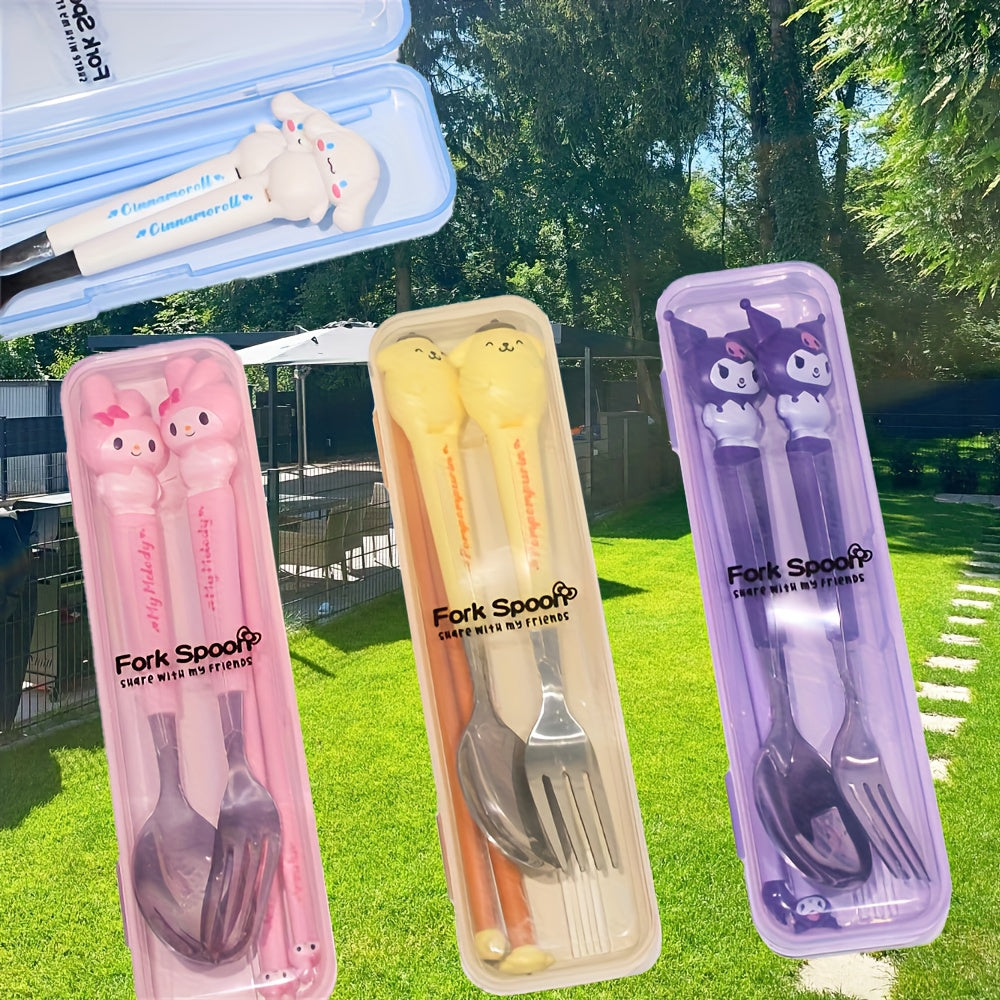 "SANRIO" 2pcs Stainless Steel Portable Cutlery Set, Cute Cartoon Cutlery Spoon And Fork, Outdoor Travel Spoon, Daily Office Or Home Essential Practical Items, Travel Portable, School Supplies, Student Prizes, Birthday Gifts, Easter