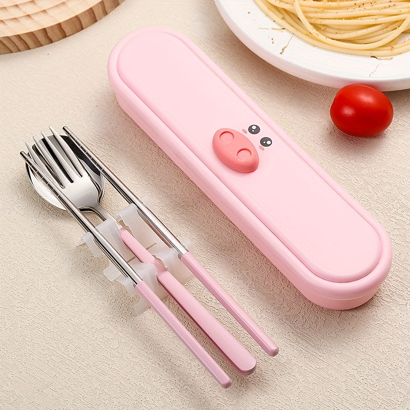 Portable Cutlery Set with Box, 2pcs Set and 3pcs Set Stainless Steel Reusable Tableware, with Fork, Spoon and Chopsticks Lunch Box, Cute Cartoon Pig, Little Duck, Bear Style Storage Box, Suitable for Lunch, Camping, School, Picnic, Workplace and Travel
