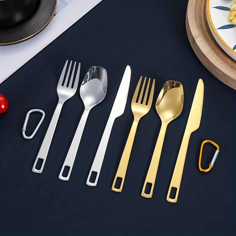 [Portable Outdoor Camping Fork Spoon] Stainless Steel Outdoor Travel Hollow Knife Fork Spoon Set Home Western Food Pasta Fork Spoon Tableware Portable For Outdoor Mountaineering And Camping Travel
