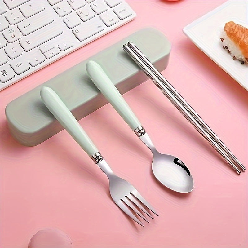 1 Set Stainless Steel Cutlery Set with Chopsticks, Forks, Spoons - Heavy-Duty 304 Stainless Steel, Polished Glossy Surface, Pastel Pink/White/Blue/Green/Beige, Compact Portable Tableware with Storage Case for Camping, Picnic, Travel, Everyday Use - Ideal