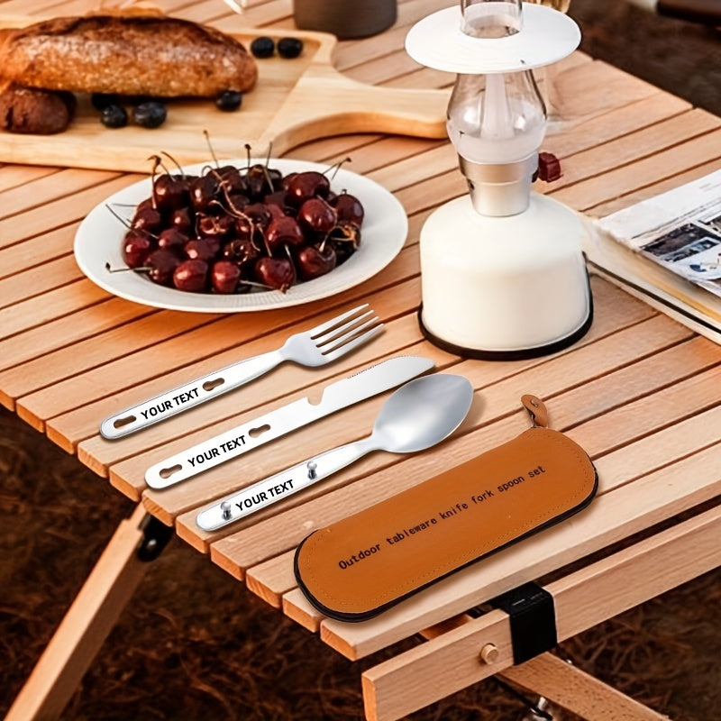 Customize your text, name 3pcs set+bag Silvery, black, Golden, colored stainless steel tableware knife, fork, spoon set outdoor portable Western food knife, fork, picnic knife, knife, fork, spoon that can be fastened together, can open bottles