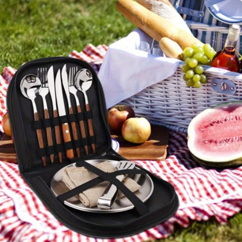 New Wood Grain Handle Tableware Mess Kit Cutlery for 2 Dinnerware Set 12pcs Stainless Steel Utensils Set with Plate Spoon Fork Serrated Knife Cloth Napkins for 2Backpacking Outdoor Hiking Picnic