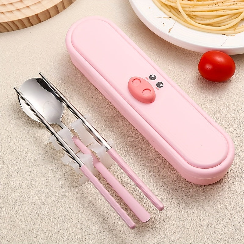 Portable Cutlery Set with Box, 2pcs Set and 3pcs Set Stainless Steel Reusable Tableware, with Fork, Spoon and Chopsticks Lunch Box, Cute Cartoon Pig, Little Duck, Bear Style Storage Box, Suitable for Lunch, Camping, School, Picnic, Workplace and Travel