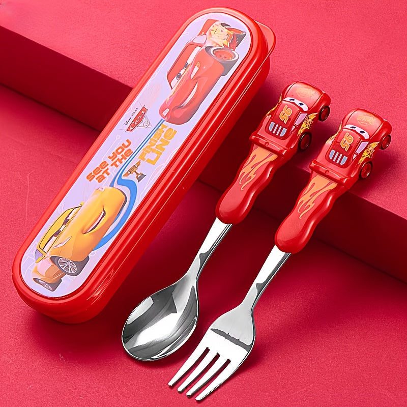 [Cute Cars Tableware Set] Lightning McQueen Cars Stainless Steel Fork and Spoon Set with Box | Cartoon Cute Portable Reusable Tableware - Kawaii Home, Outdoor, School Supplies, Camping Accessories, Christmas Birthday Gift