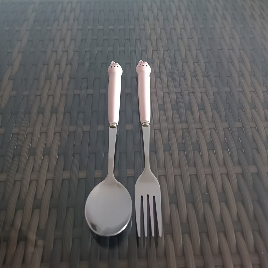 2pcs stainless steel portable cutlery set, white goose ceramic handle stainless steel portable cutlery set, cutlery spoon and fork, outdoor travel spoon, perfect for school, camping, weekend travel, very suitable