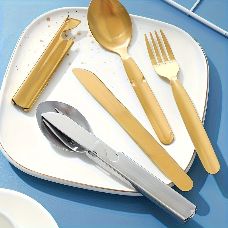 Personalized And Travel Friendly Stainless Steel Outdoor Cutlery Set with Knife, Fork, And Spoon - Including Bottle Opener, Four in One Stainless Steel Portable Camping And Travel Gear in Vintage Golden And Silvery Color