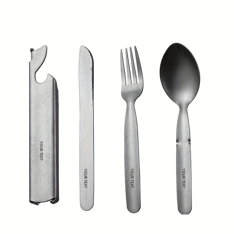 Personalized And Travel Friendly Stainless Steel Outdoor Cutlery Set with Knife, Fork, And Spoon - Including Bottle Opener, Four in One Stainless Steel Portable Camping And Travel Gear in Vintage Golden And Silvery Color