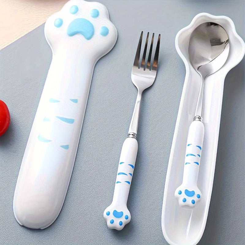 2pcs Stainless Steel Outdoor Cutlery Set - Portable, Reusable Fork & Spoon with Cute Cat Claw Box for Camping, Picnics & Travel