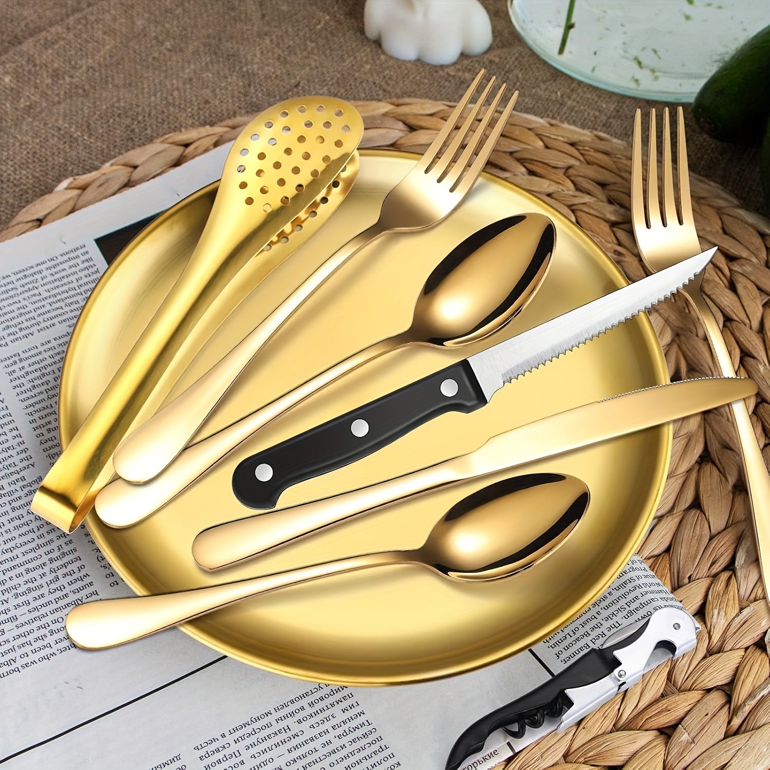 [Personalized Camping Set] Stainless Steel Personalized Camping Silverware Set | Knives, Forks, Spoons, Plates, Cutlery Storage Bags, Picnic Set, Plate Spoon Clip & Serrated Knife Bottle Opener - Golden and Silvery, Perfect for Thanksgiving