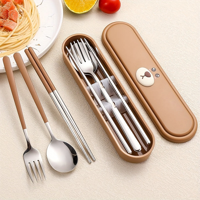 Portable Cutlery Set with Box, 2pcs Set and 3pcs Set Stainless Steel Reusable Tableware, with Fork, Spoon and Chopsticks Lunch Box, Cute Cartoon Pig, Little Duck, Bear Style Storage Box, Suitable for Lunch, Camping, School, Picnic, Workplace and Travel