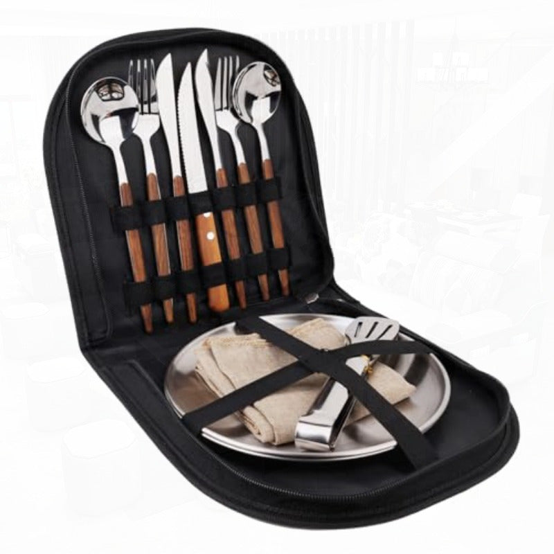New Wood Grain Handle Tableware Mess Kit Cutlery for 2 Dinnerware Set 12pcs Stainless Steel Utensils Set with Plate Spoon Fork Serrated Knife Cloth Napkins for 2Backpacking Outdoor Hiking Picnic