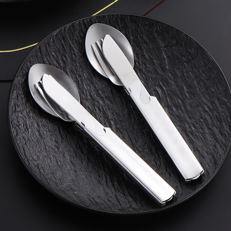 Personalized And Travel Friendly Stainless Steel Outdoor Cutlery Set with Knife, Fork, And Spoon - Including Bottle Opener, Four in One Stainless Steel Portable Camping And Travel Gear in Vintage Golden And Silvery Color