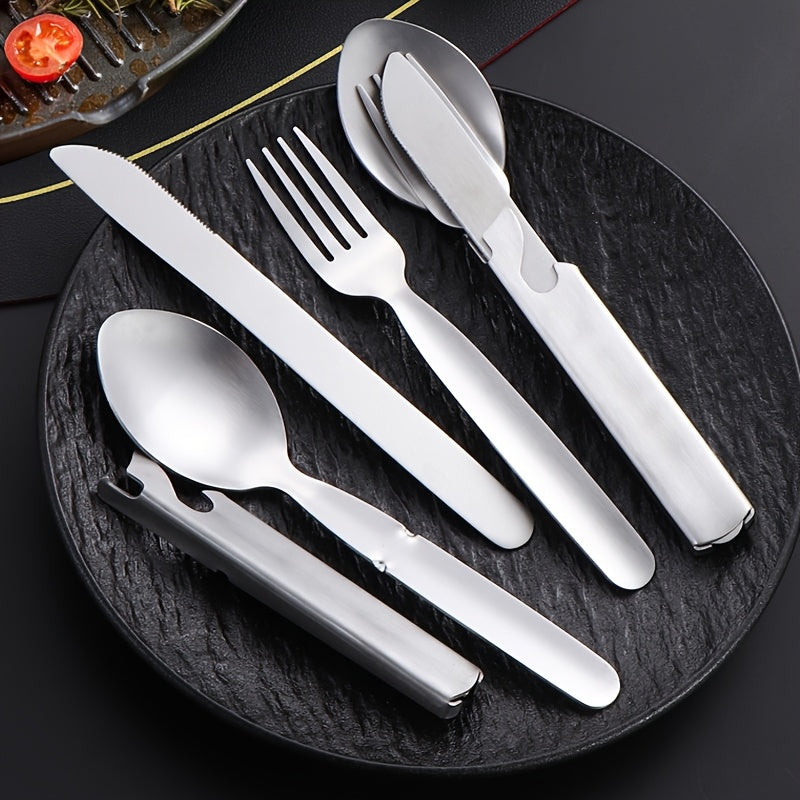 Personalized And Travel Friendly Stainless Steel Outdoor Cutlery Set with Knife, Fork, And Spoon - Including Bottle Opener, Four in One Stainless Steel Portable Camping And Travel Gear in Vintage Golden And Silvery Color