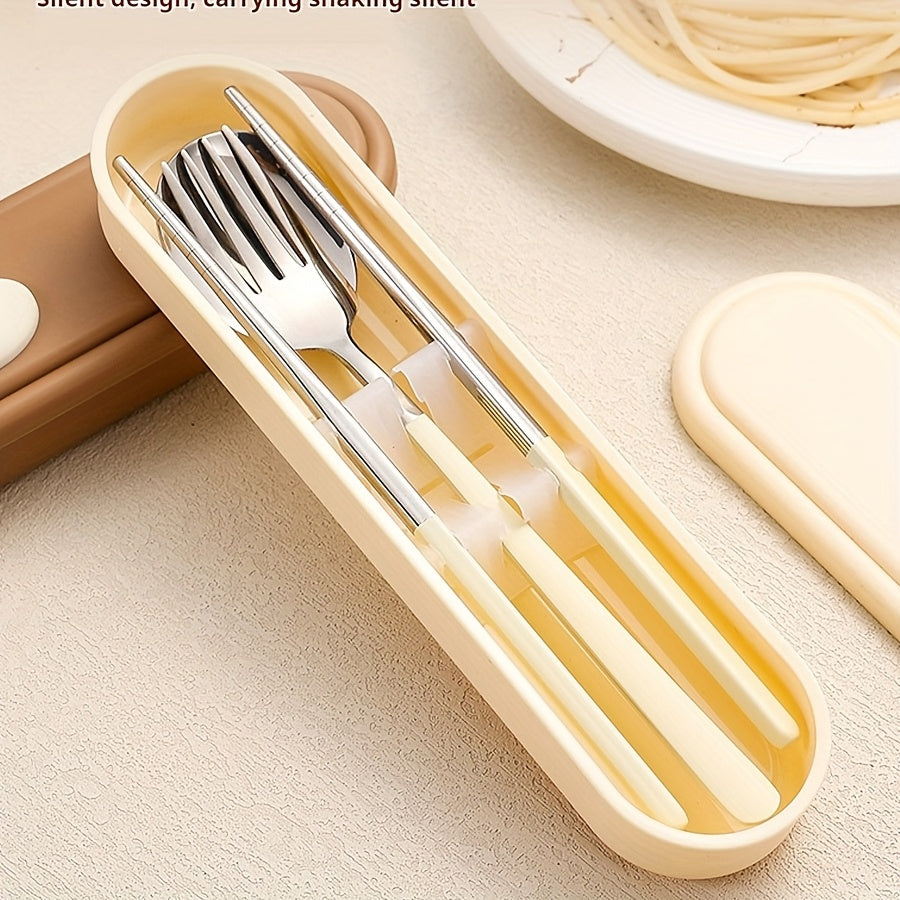 Portable Cutlery Set with Box, 2pcs Set and 3pcs Set Stainless Steel Reusable Tableware, with Fork, Spoon and Chopsticks Lunch Box, Cute Cartoon Pig, Little Duck, Bear Style Storage Box, Suitable for Lunch, Camping, School, Picnic, Workplace and Travel
