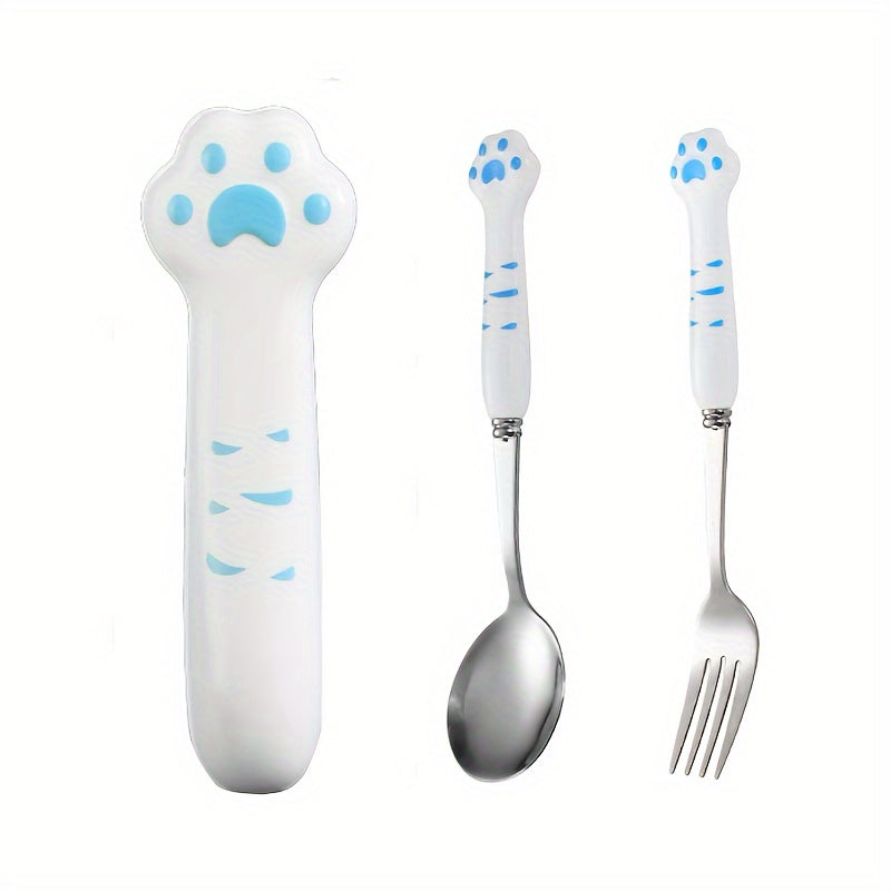 2pcs Stainless Steel Outdoor Cutlery Set - Portable, Reusable Fork & Spoon with Cute Cat Claw Box for Camping, Picnics & Travel
