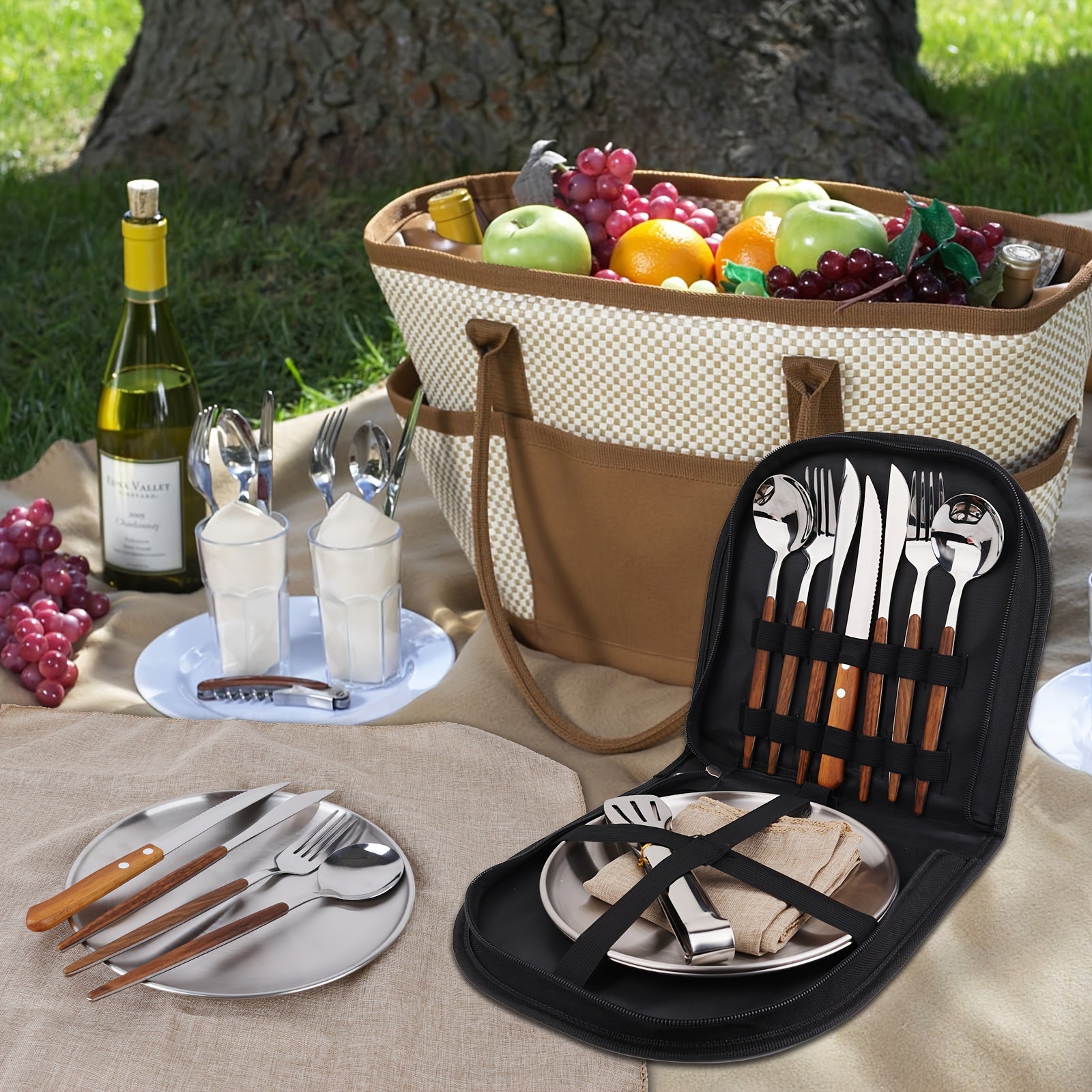 New Wood Grain Handle Tableware Mess Kit Cutlery For 2 Dinnerware Set - 12pcs Stainless Steel Utensils Set With Plate Spoon Fork Serrated Knife Cloth Napkins For 2, Backpacking, Outdoor Hiking Picnic