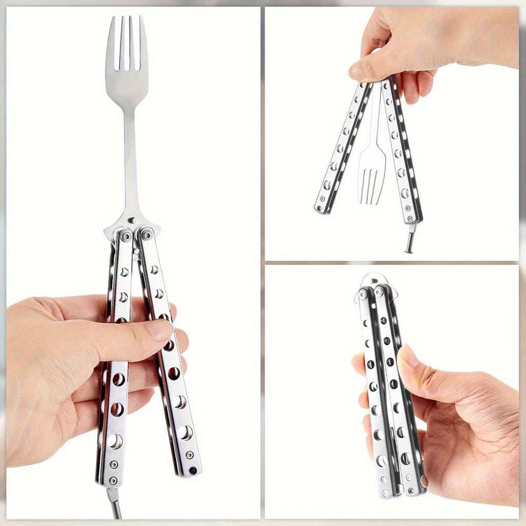 2pcs Flute And Butterfly Fork And Spoon Set, Tactical Butterfly Spoon Folding Stainless Steel Cutlery Set for Training, Suitable for Travel, Camping, Hunting, Barbecuing, And Kitchen Use (Silver Color)