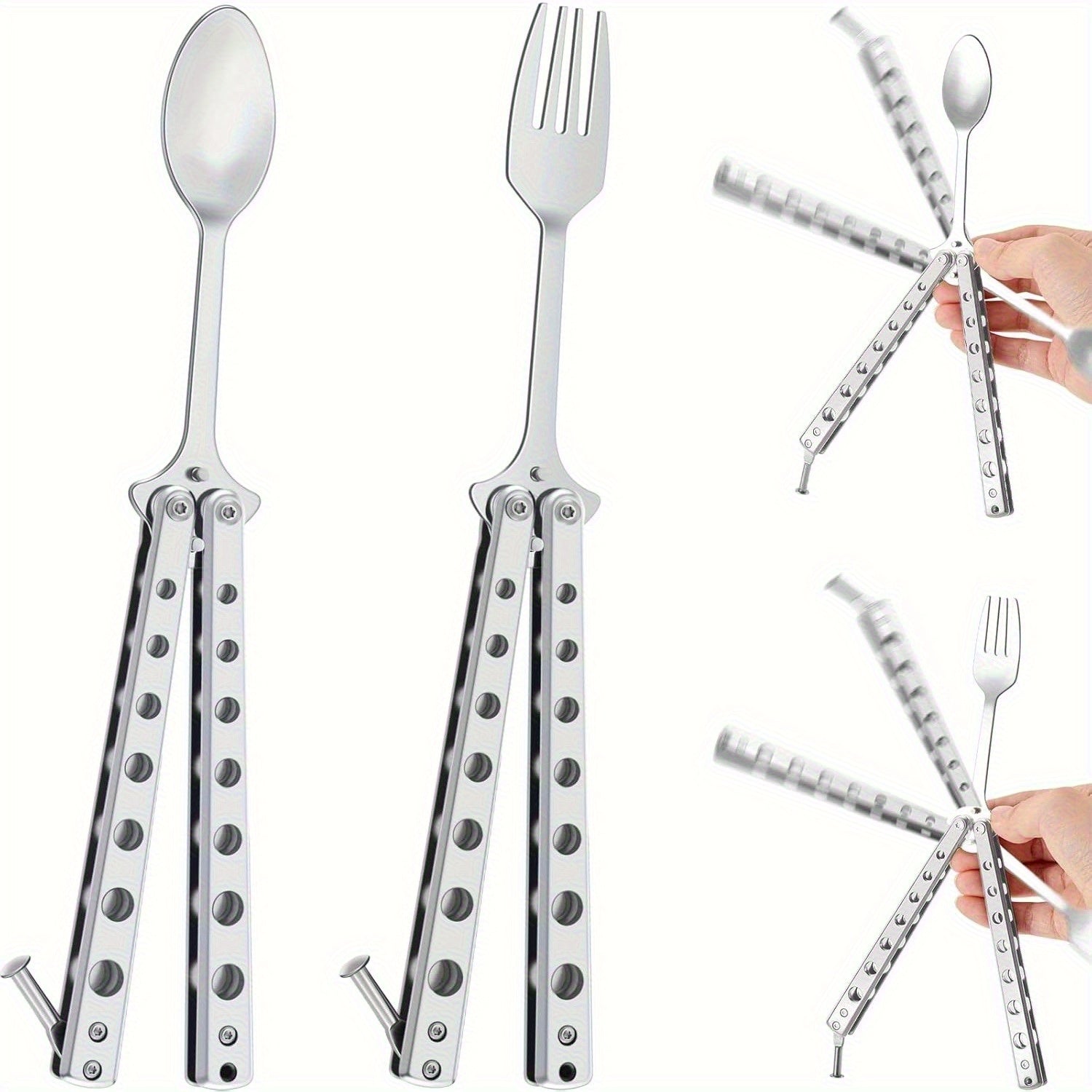 2pcs Flute And Butterfly Fork And Spoon Set, Tactical Butterfly Spoon Folding Stainless Steel Cutlery Set for Training, Suitable for Travel, Camping, Hunting, Barbecuing, And Kitchen Use (Silver Color)