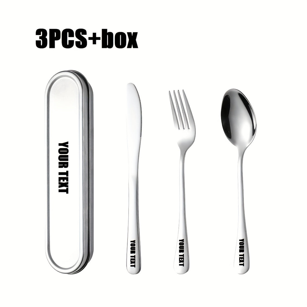 Customize your text with a 3/4pcs 304 Silvery stainless steel knives, forks, spoons, and portable cutlery boxes. The silverware set is easy to store, not damaged, and suitable for going out, picnicking, camping, outdoor activities, and school season