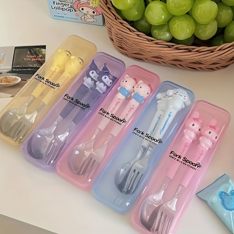 "SANRIO" 2pcs Stainless Steel Portable Cutlery Set, Cute Cartoon Cutlery Spoon And Fork, Outdoor Travel Spoon, Daily Office Or Home Essential Practical Items, Travel Portable, School Supplies, Student Prizes, Birthday Gifts, Easter