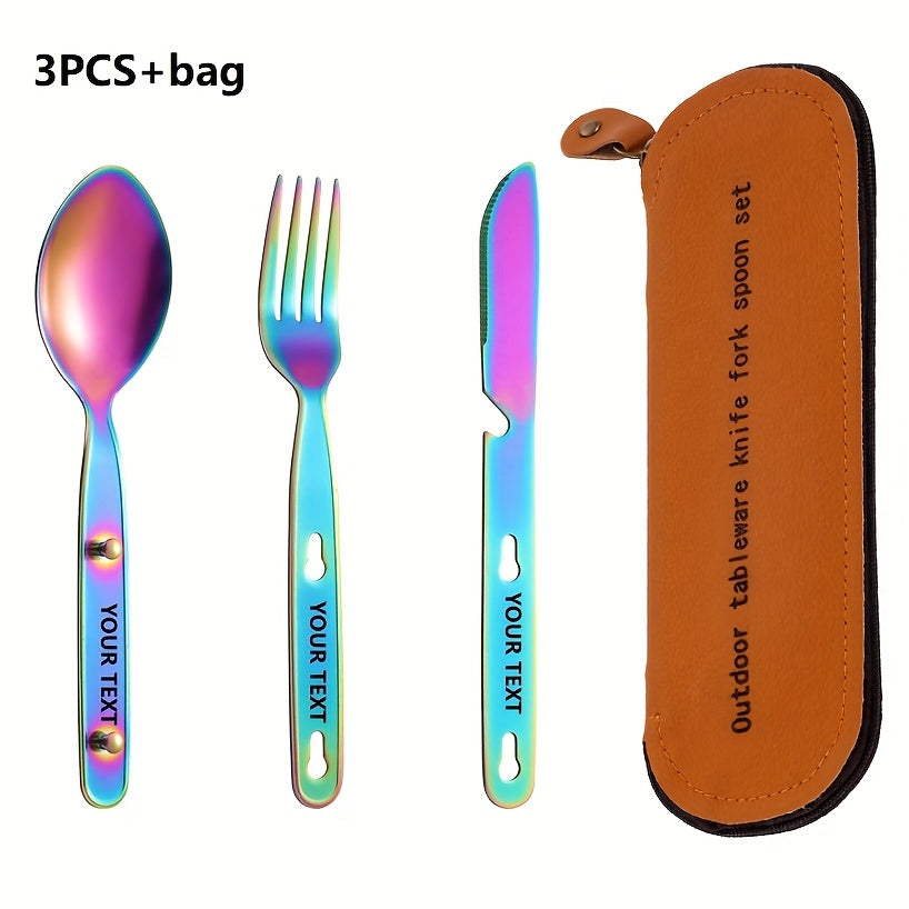 Customize your text, name 3pcs set+bag Silvery, black, Golden, colored stainless steel tableware knife, fork, spoon set outdoor portable Western food knife, fork, picnic knife, knife, fork, spoon that can be fastened together, can open bottles