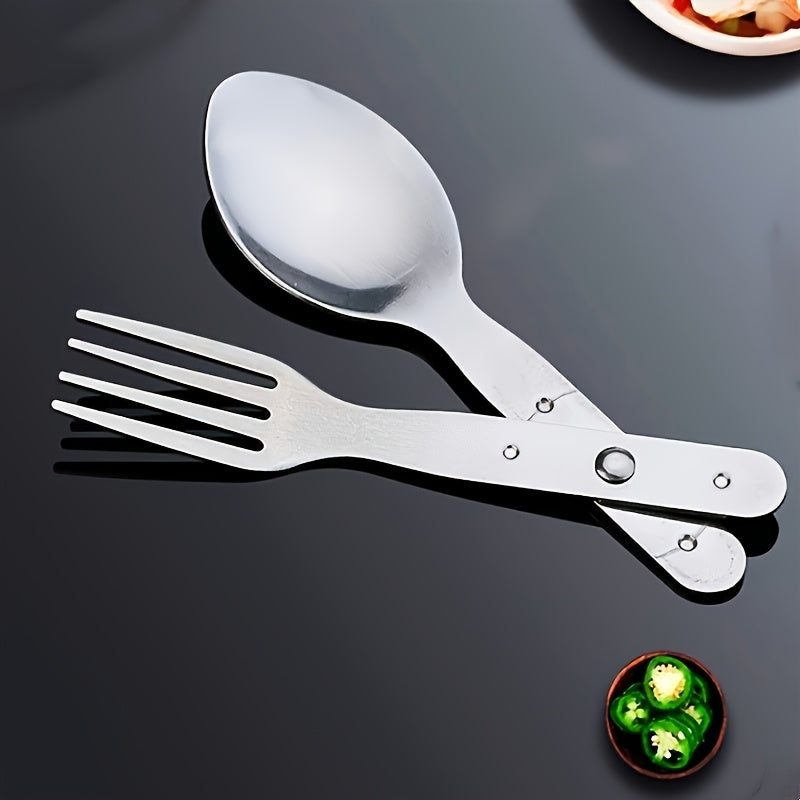 2pcs set, 2-in-1 multifunctional stainless steel cutlery with folding spoon and fork combo, perfect for hiking, camping, or backpacking trips