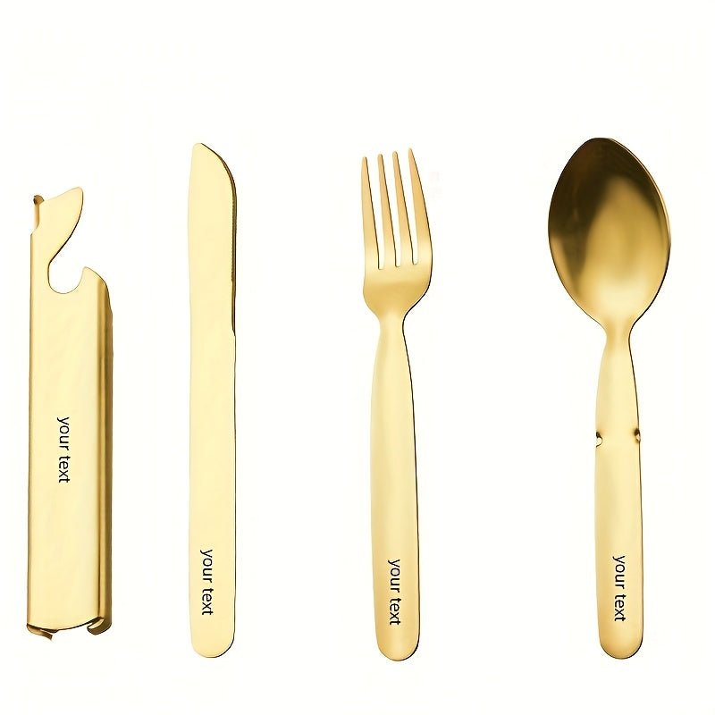 Personalized And Travel Friendly Stainless Steel Outdoor Cutlery Set with Knife, Fork, And Spoon - Including Bottle Opener, Four in One Stainless Steel Portable Camping And Travel Gear in Vintage Golden And Silvery Color
