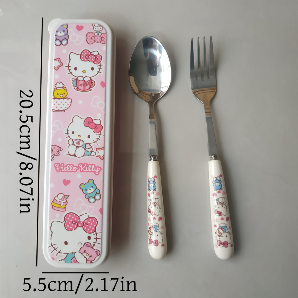 2pcs Sanrio Stainless Steel Tableware Set - Portable Travel Spoon & Fork, Ideal for Picnics & Daily Use, Featuring for hello kitty, for My Melody, for Kuromi & for Pompompurin Designs, Perfect for Christmas & Everyday Dining, Everyday Tableware | Playful