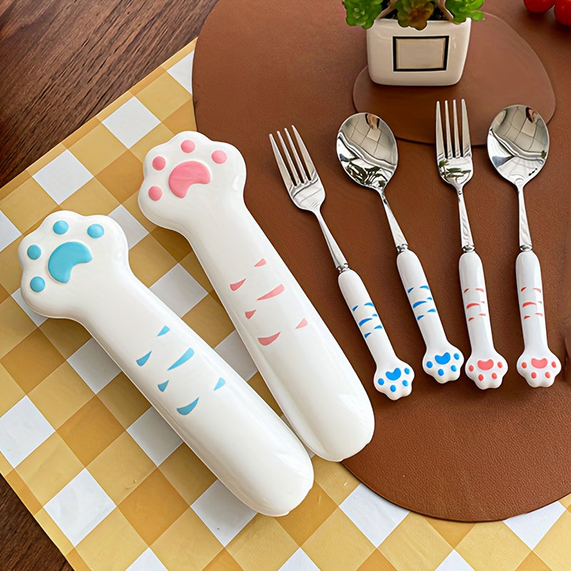 2pcs Stainless Steel Outdoor Cutlery Set - Portable, Reusable Fork & Spoon with Cute Cat Claw Box for Camping, Picnics & Travel