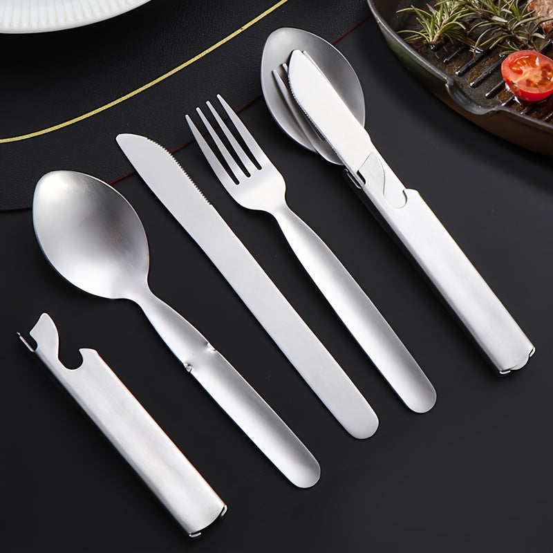 Personalized And Travel Friendly Stainless Steel Outdoor Cutlery Set with Knife, Fork, And Spoon - Including Bottle Opener, Four in One Stainless Steel Portable Camping And Travel Gear in Vintage Golden And Silvery Color
