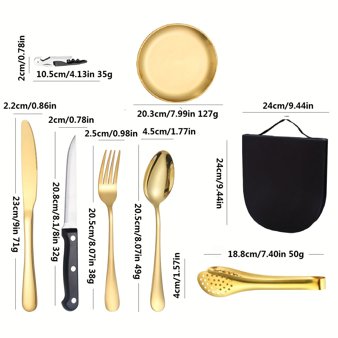 [Personalized Camping Set] Stainless Steel Personalized Camping Silverware Set | Knives, Forks, Spoons, Plates, Cutlery Storage Bags, Picnic Set, Plate Spoon Clip & Serrated Knife Bottle Opener - Golden and Silvery, Perfect for Thanksgiving