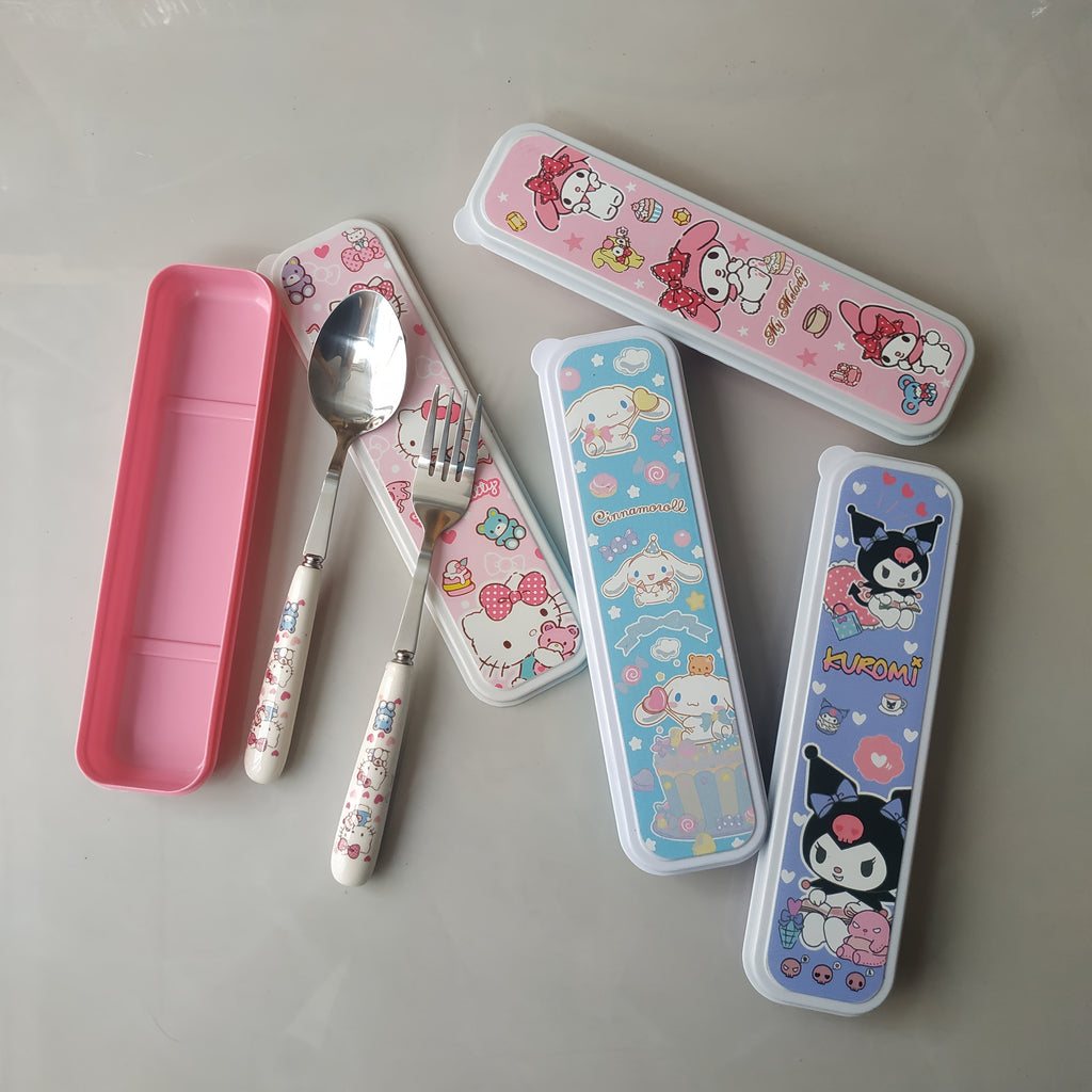 2pcs Sanrio Stainless Steel Tableware Set - Portable Travel Spoon & Fork, Polished Finish, Ideal for Picnics & Daily Use, Camping Utensils|Playful Design|Durable Utensils, Camping Essentials|Playful Design|Durable Utensils, Camping Essentials