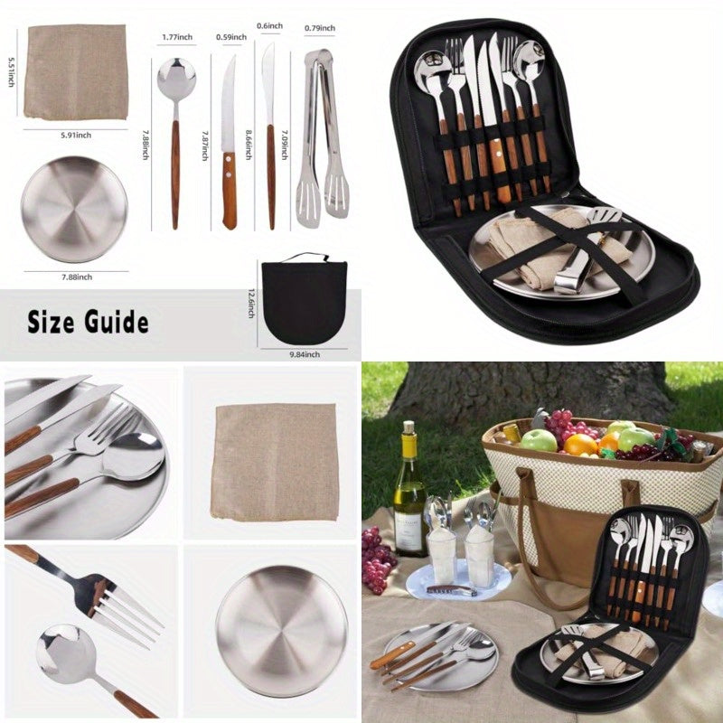 New Wood Grain Handle Tableware Mess Kit Cutlery for 2 Dinnerware Set 12pcs Stainless Steel Utensils Set with Plate Spoon Fork Serrated Knife Cloth Napkins for 2Backpacking Outdoor Hiking Picnic
