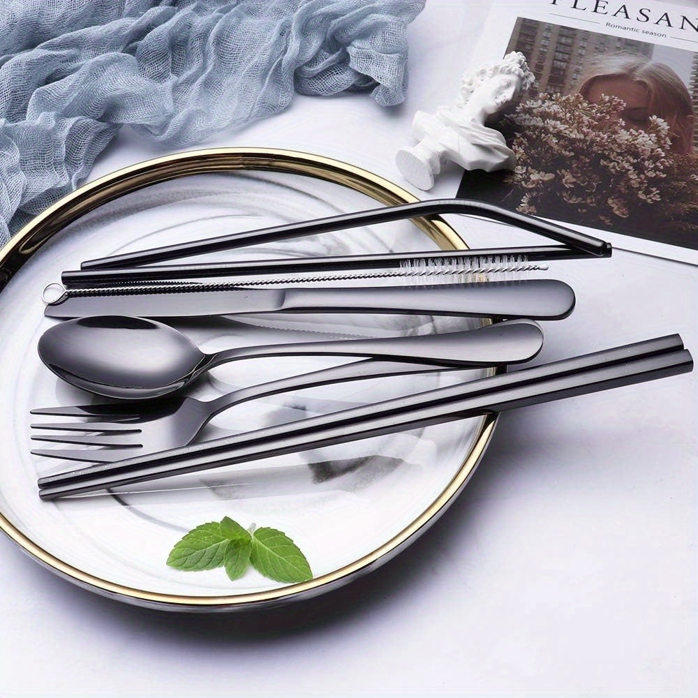 Portable Stainless Steel Flatware Set, Travel Camping Cutlery, Portable Utensil Silverware Dinnerware Set with a Case (Black)